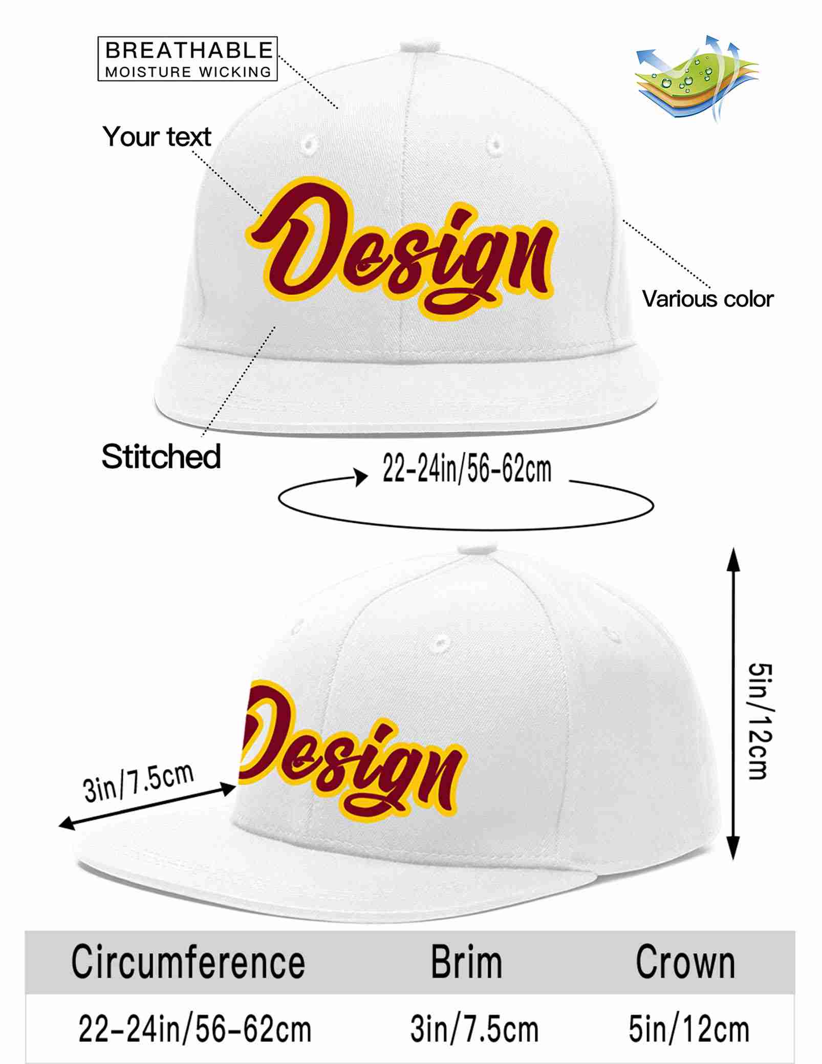 Custom White Crimson-Gold Flat Eaves Sport Baseball Cap Design for Men/Women/Youth