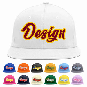 Custom White Crimson-Gold Flat Eaves Sport Baseball Cap Design for Men/Women/Youth