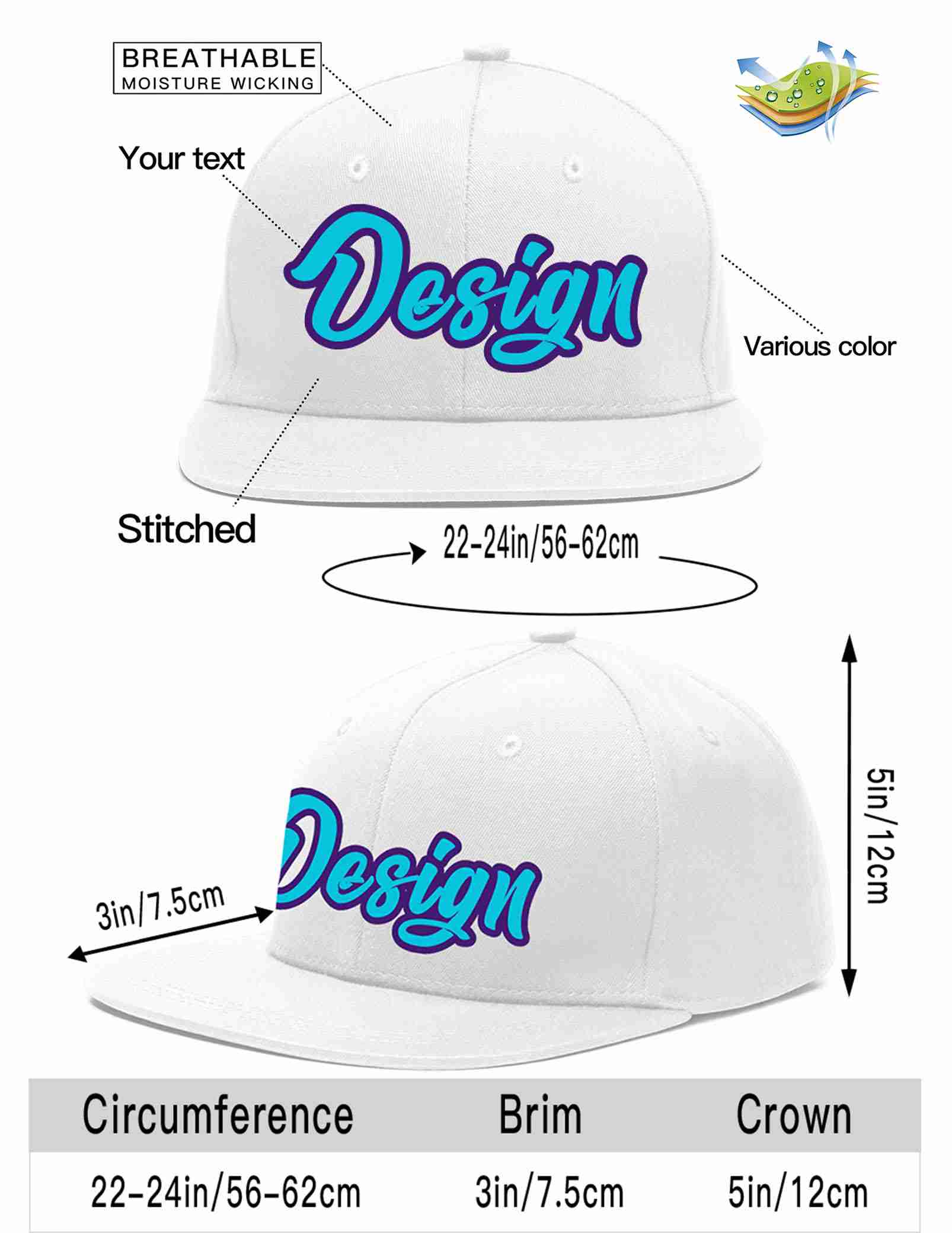 Custom White Light Blue-purple Flat Eaves Sport Baseball Cap Design for Men/Women/Youth