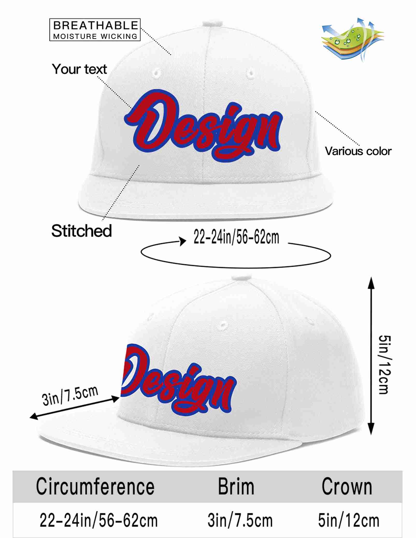 Custom White Red-Royal Flat Eaves Sport Baseball Cap Design for Men/Women/Youth