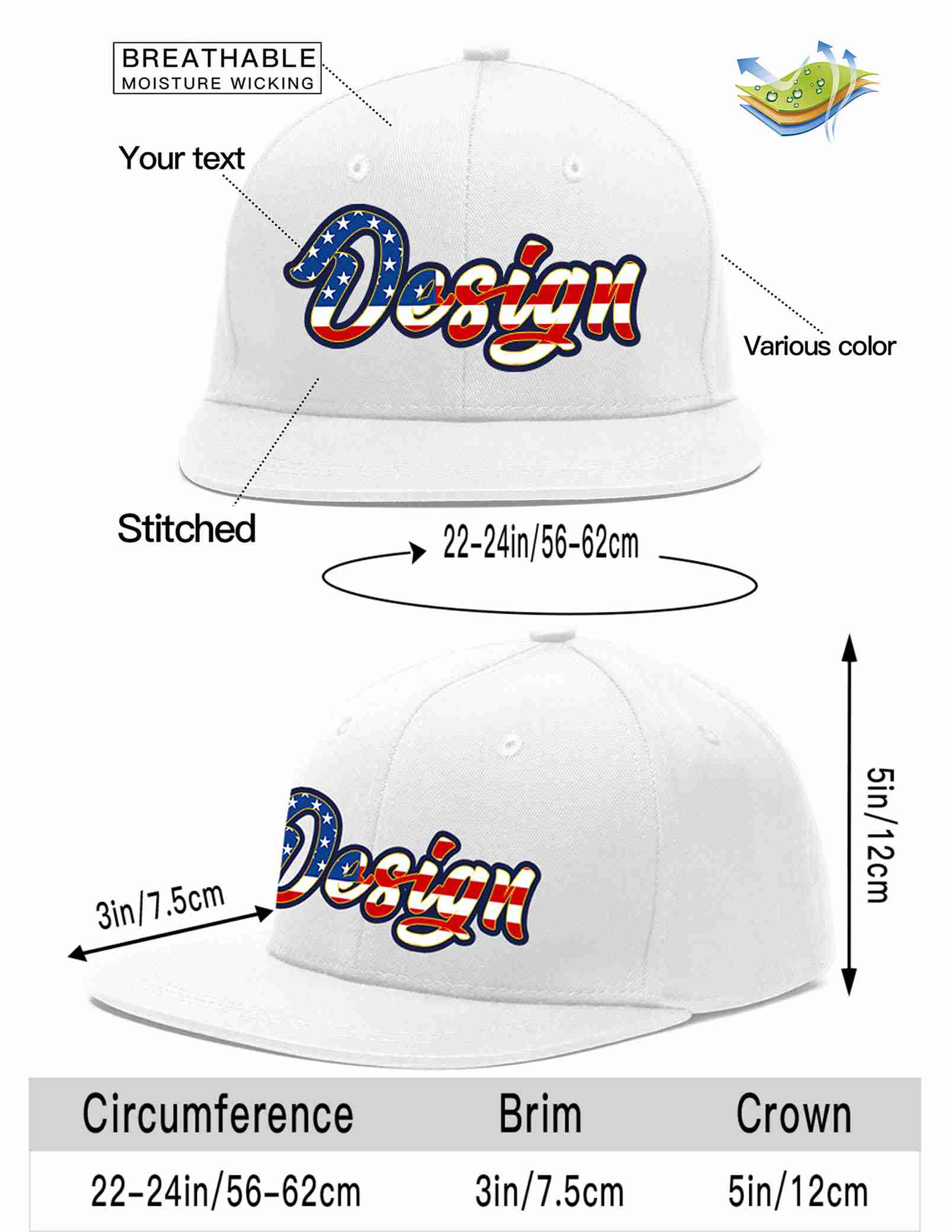 Custom White Vintage USA Flag-Gold Flat Eaves Sport Baseball Cap Design for Men/Women/Youth