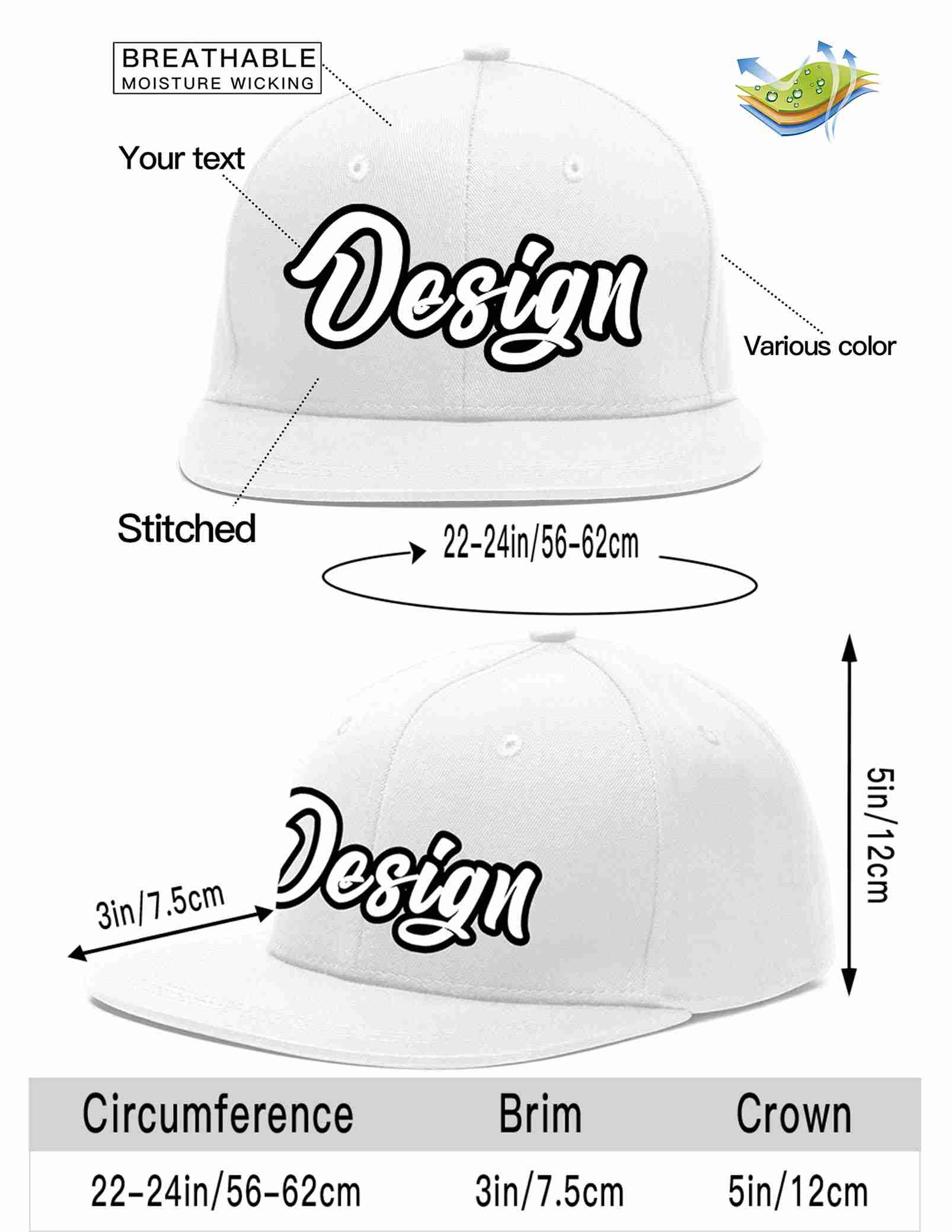 Custom White White-Black Flat Eaves Sport Baseball Cap Design for Men/Women/Youth