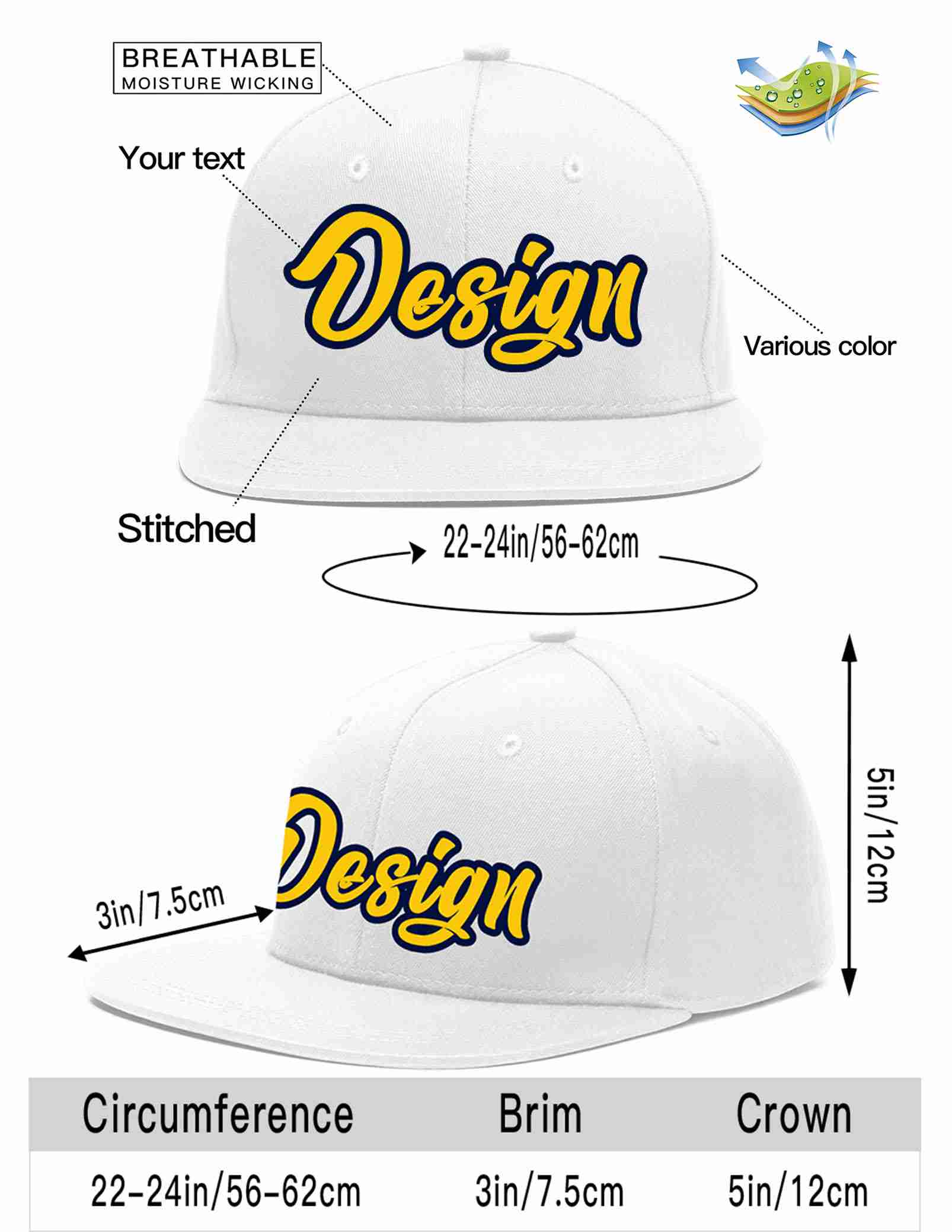 Custom White Gold-Navy Flat Eaves Sport Baseball Cap Design for Men/Women/Youth