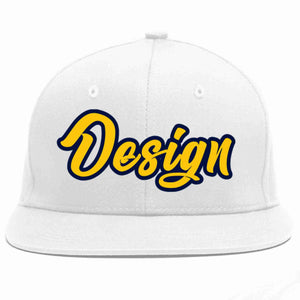 Custom White Gold-Navy Flat Eaves Sport Baseball Cap Design for Men/Women/Youth