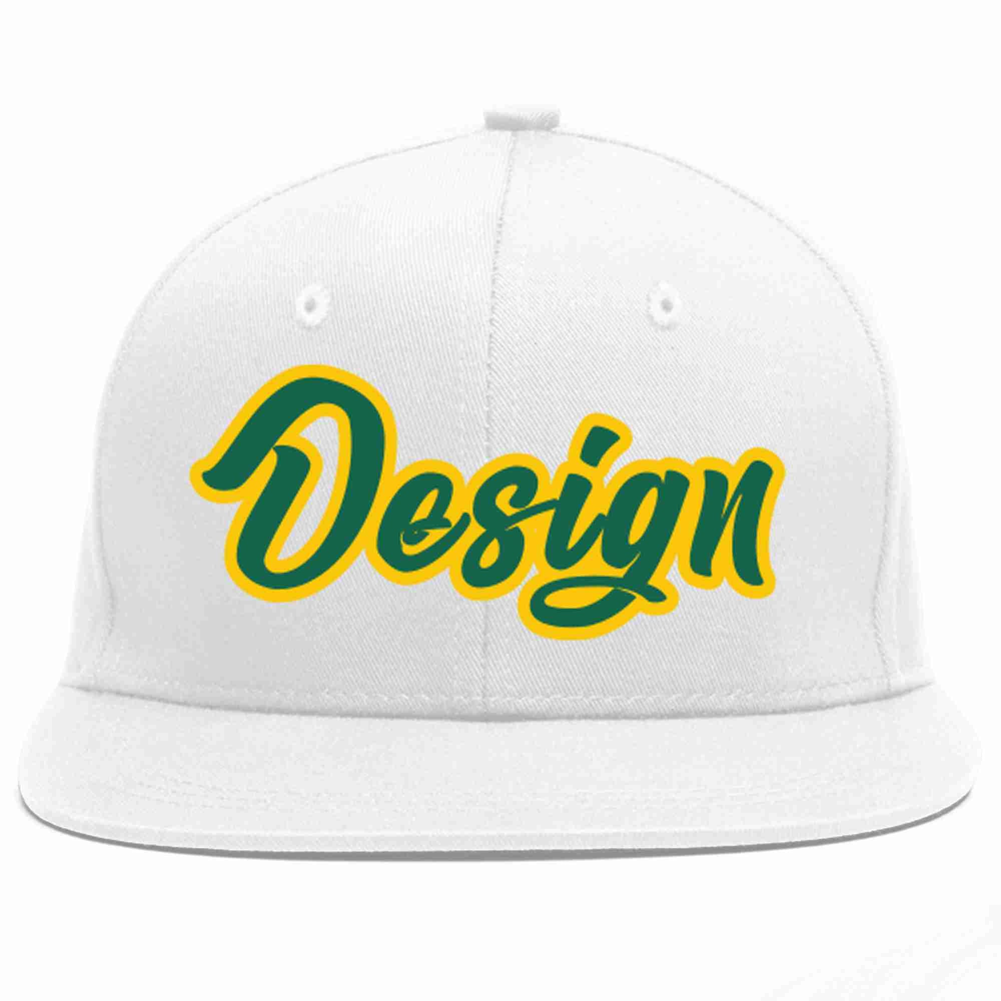 Custom White Kelly Green-Gold Flat Eaves Sport Baseball Cap Design for Men/Women/Youth