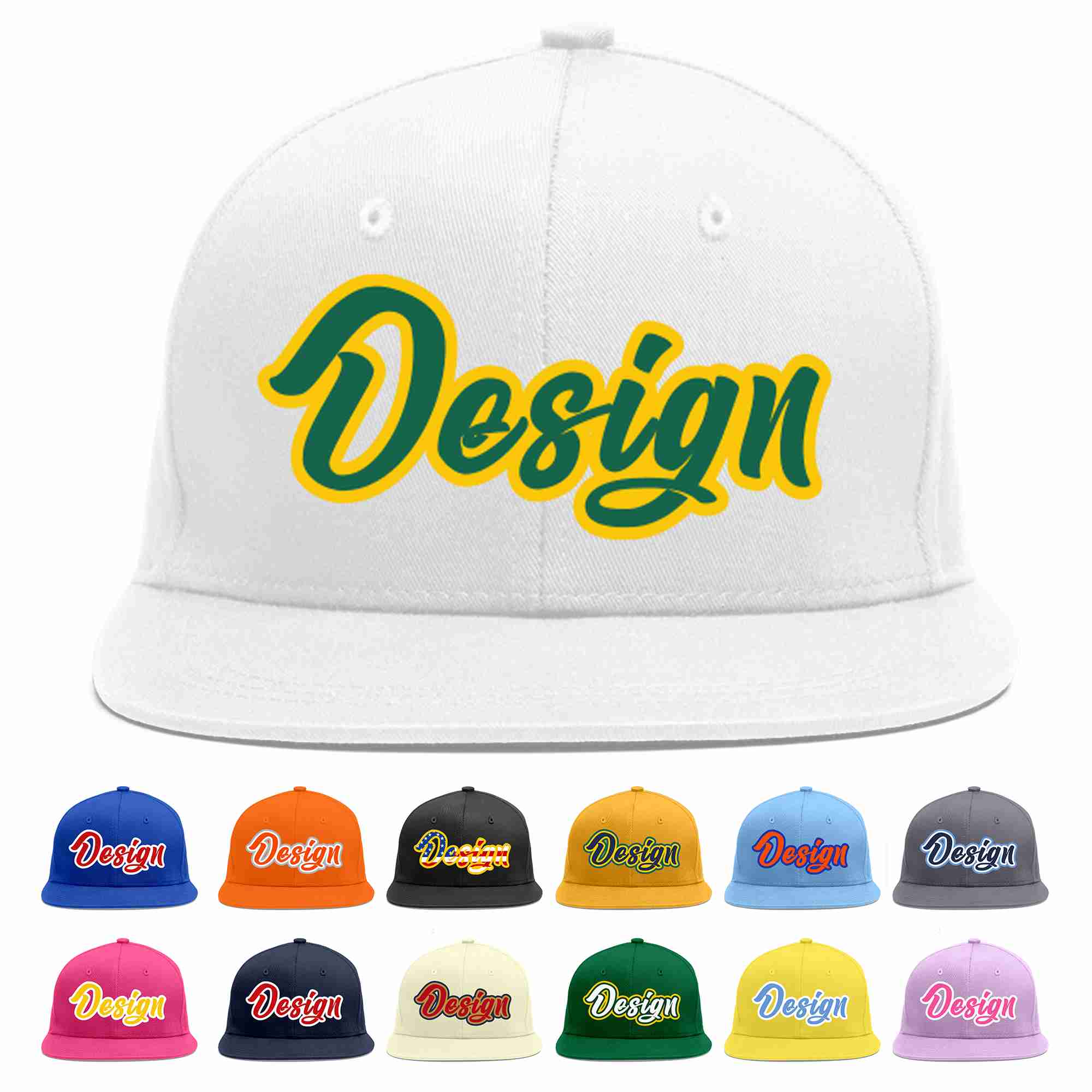 Custom White Kelly Green-Gold Flat Eaves Sport Baseball Cap Design for Men/Women/Youth