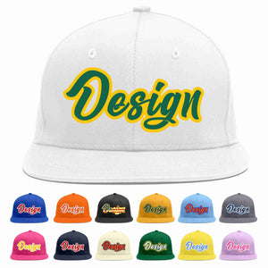 Custom White Kelly Green-Gold Flat Eaves Sport Baseball Cap Design for Men/Women/Youth