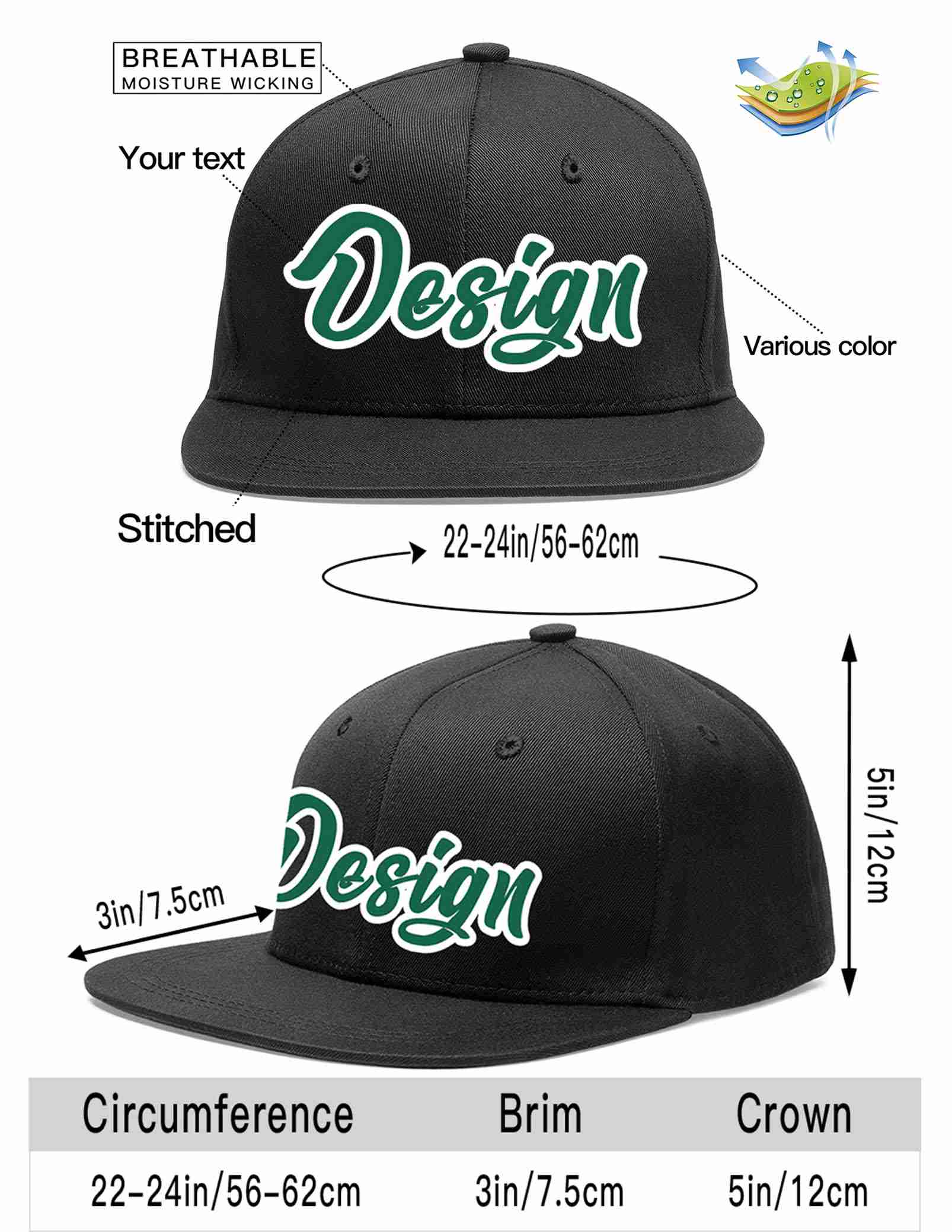 Custom Black Kelly Green-White Flat Eaves Sport Baseball Cap Design for Men/Women/Youth