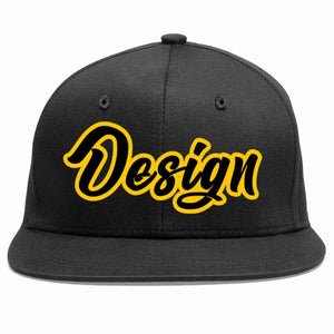 Custom Black Black-Gold Flat Eaves Sport Baseball Cap Design for Men/Women/Youth