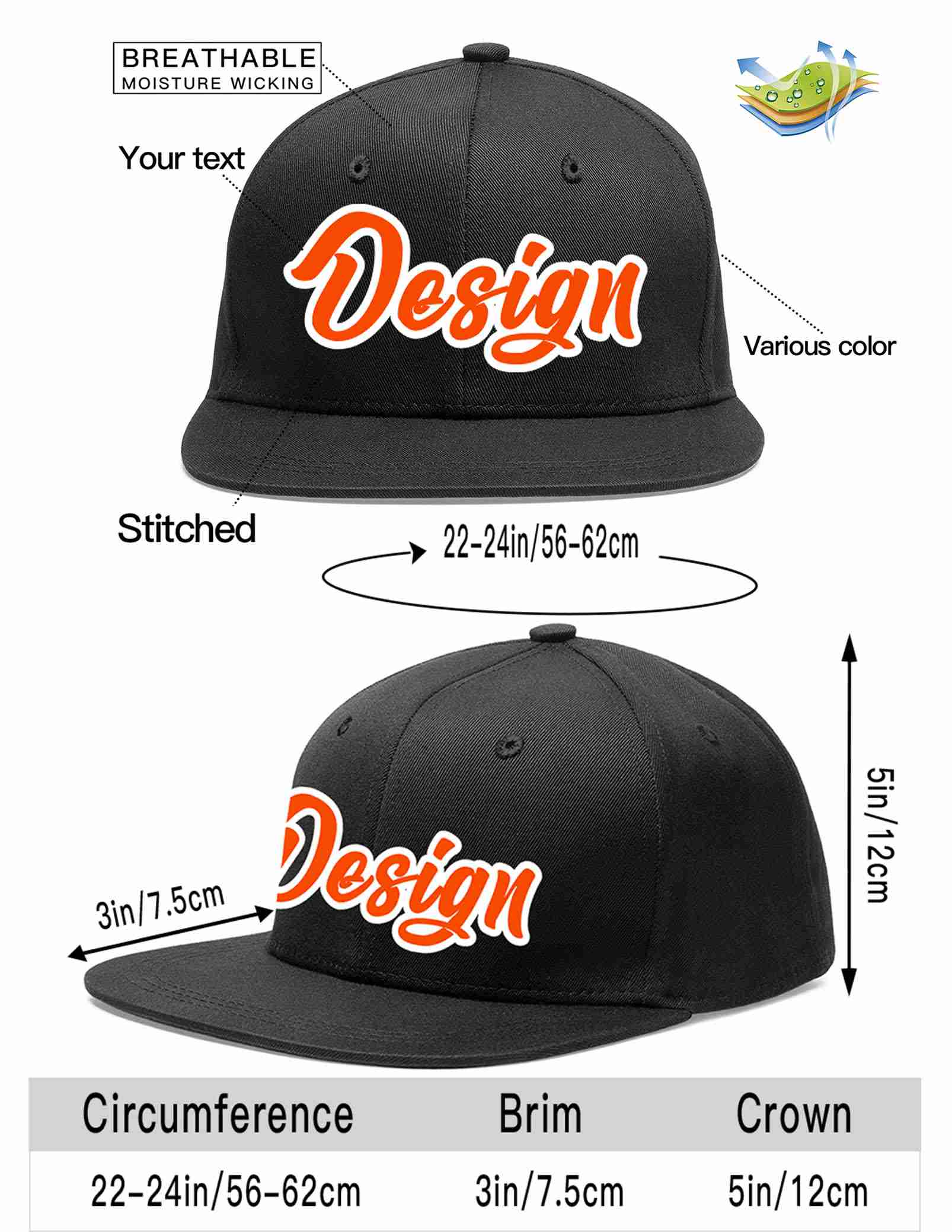 Custom Black Orange-White Flat Eaves Sport Baseball Cap Design for Men/Women/Youth