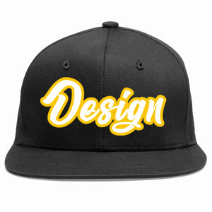 Custom Black White-Gold Flat Eaves Sport Baseball Cap Design for Men/Women/Youth