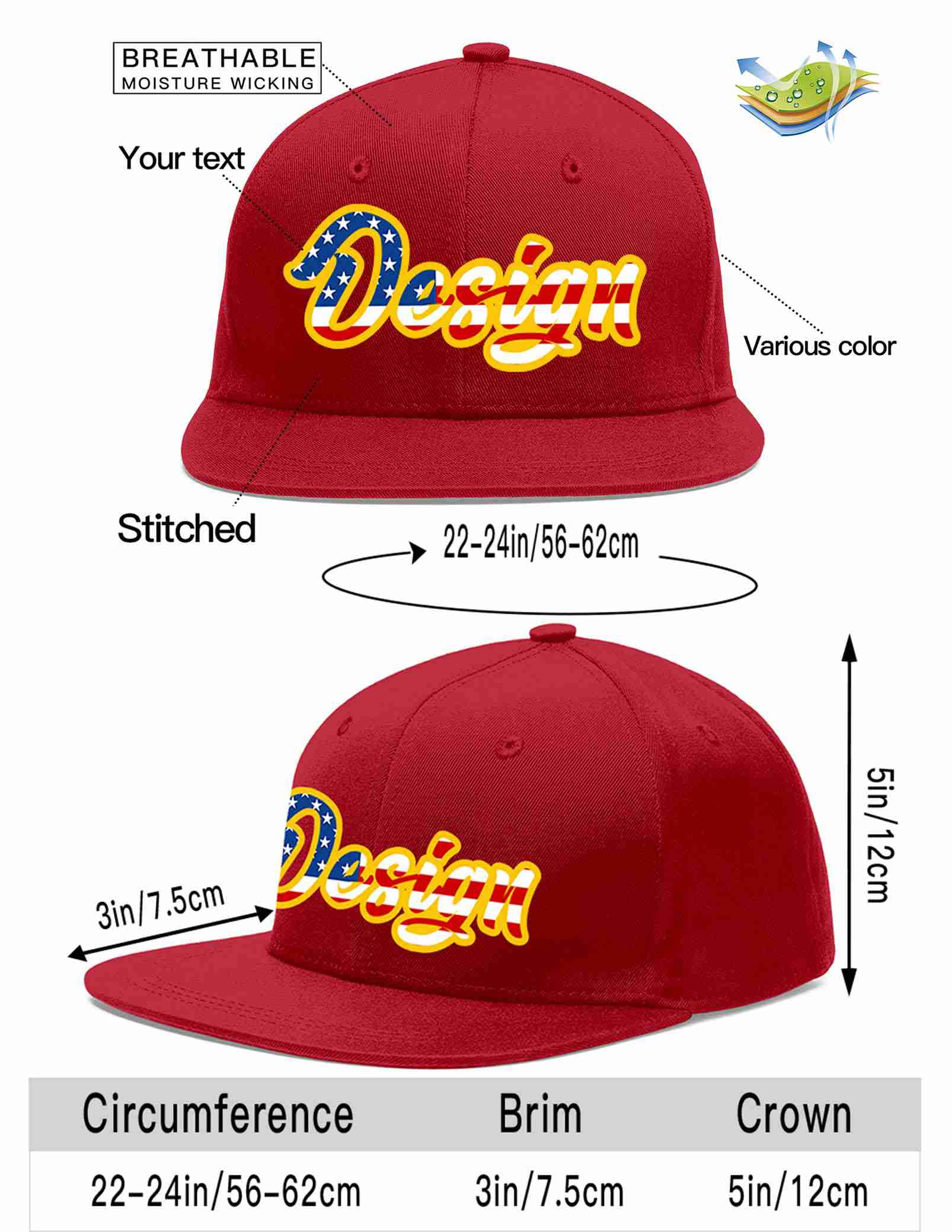 Custom Red Vintage USA Flag-Gold Flat Eaves Sport Baseball Cap Design for Men/Women/Youth