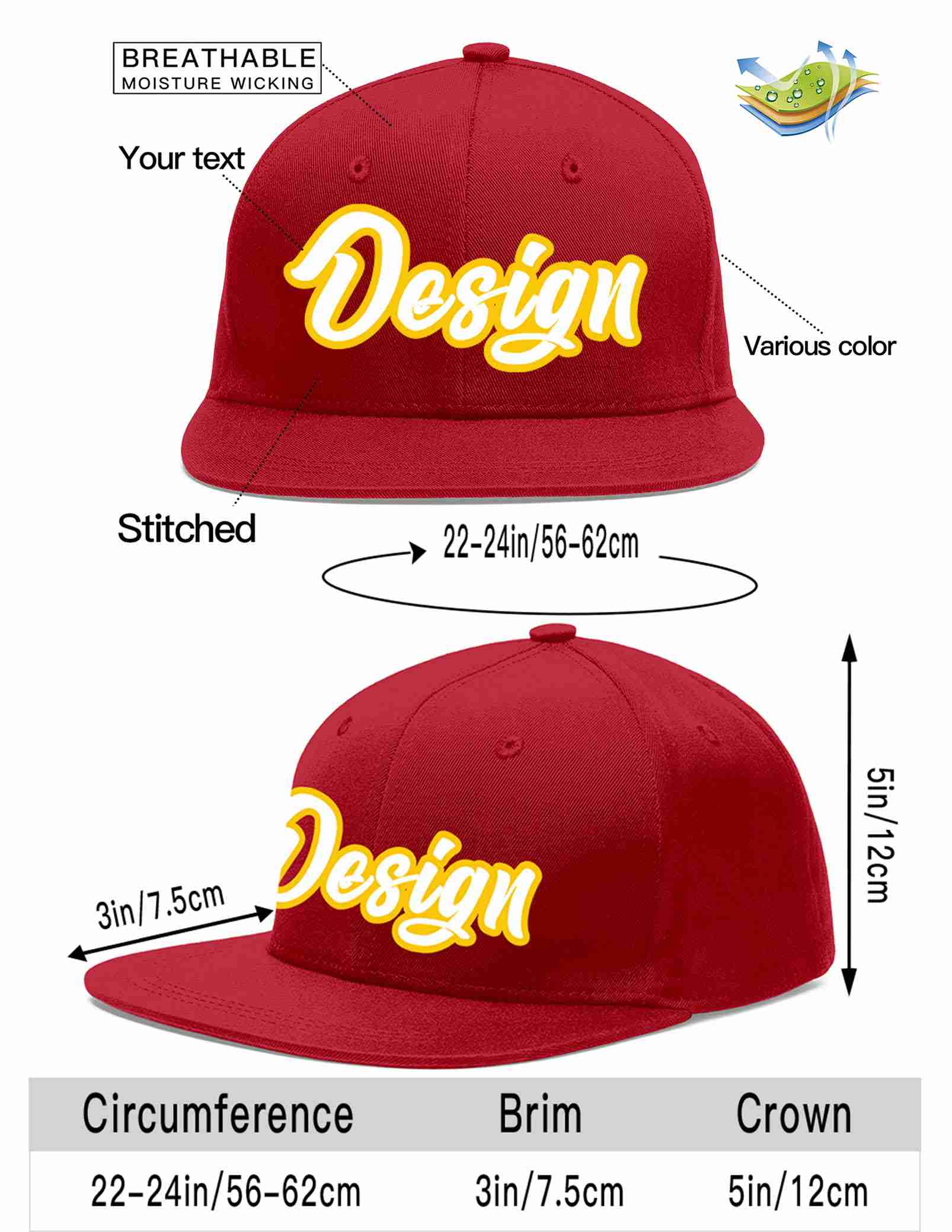 Custom Red White-Gold Flat Eaves Sport Baseball Cap Design for Men/Women/Youth