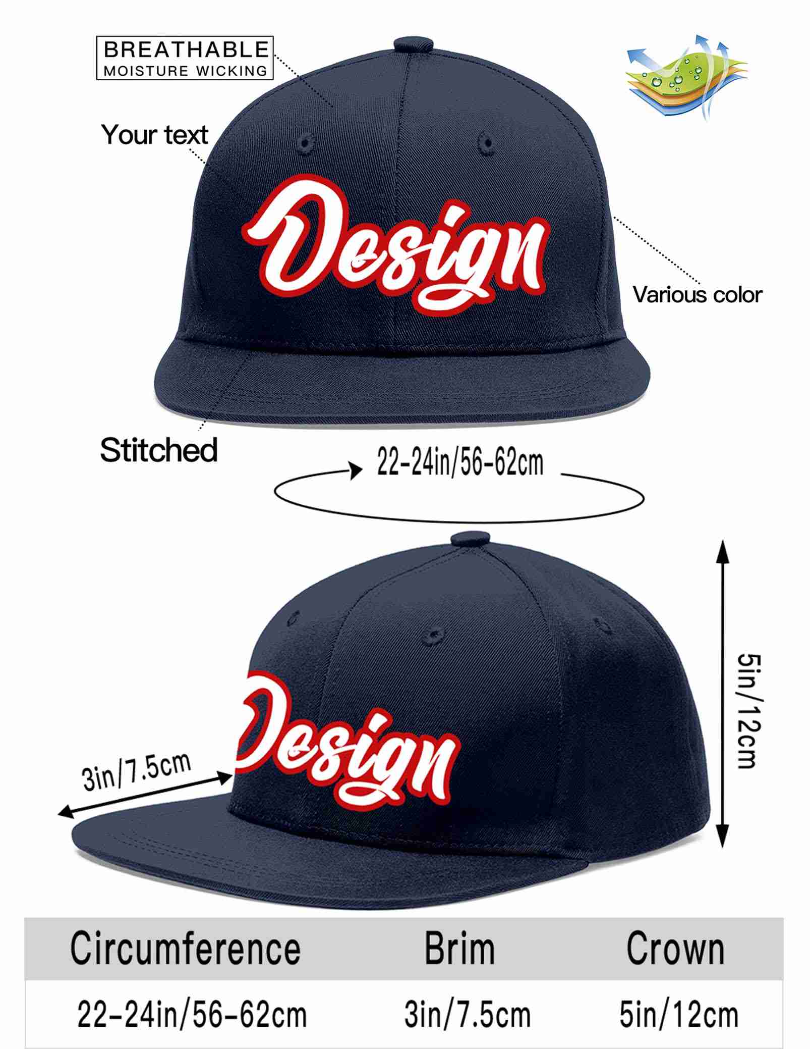 Custom Navy White-Red Flat Eaves Sport Baseball Cap Design for Men/Women/Youth