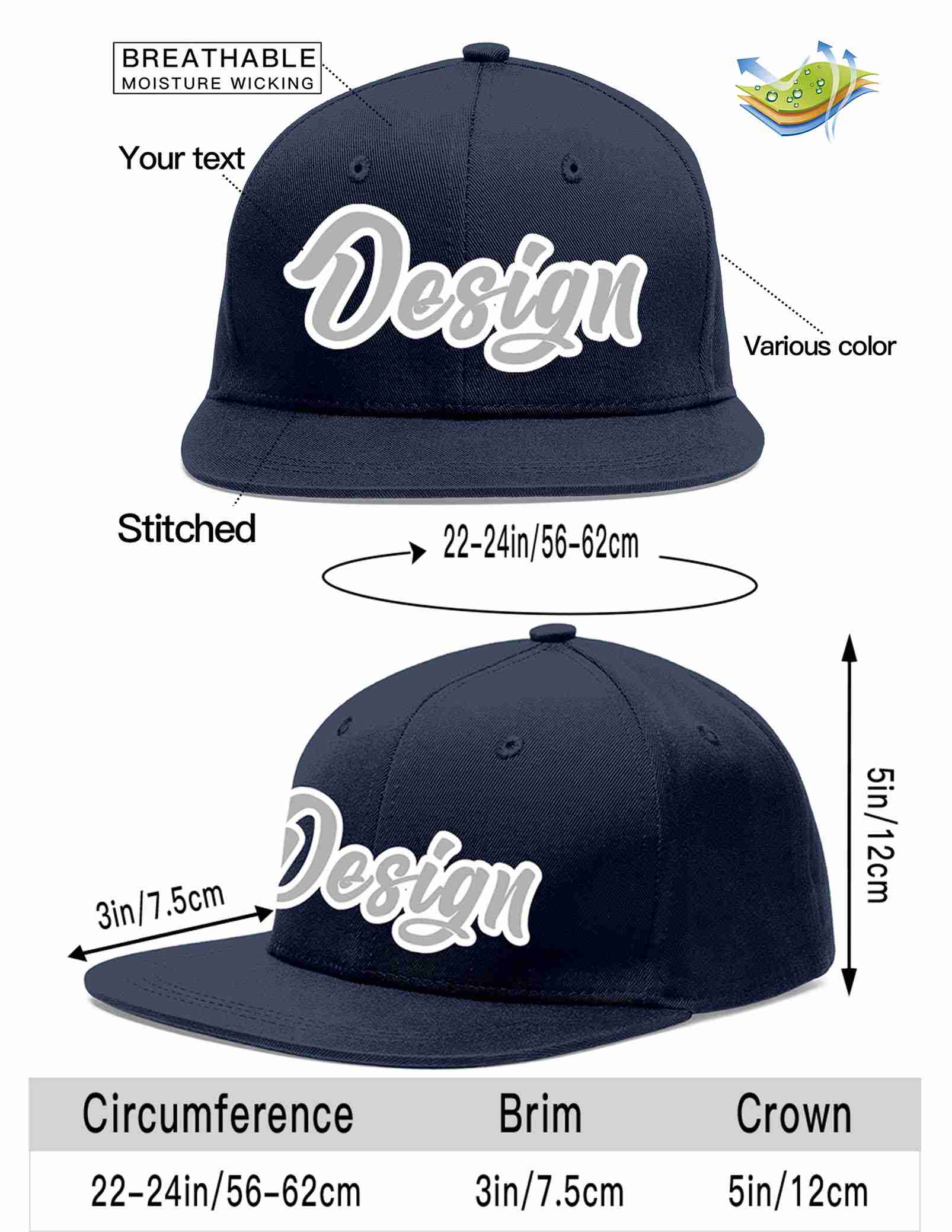 Custom Navy Gray-White Flat Eaves Sport Baseball Cap Design for Men/Women/Youth