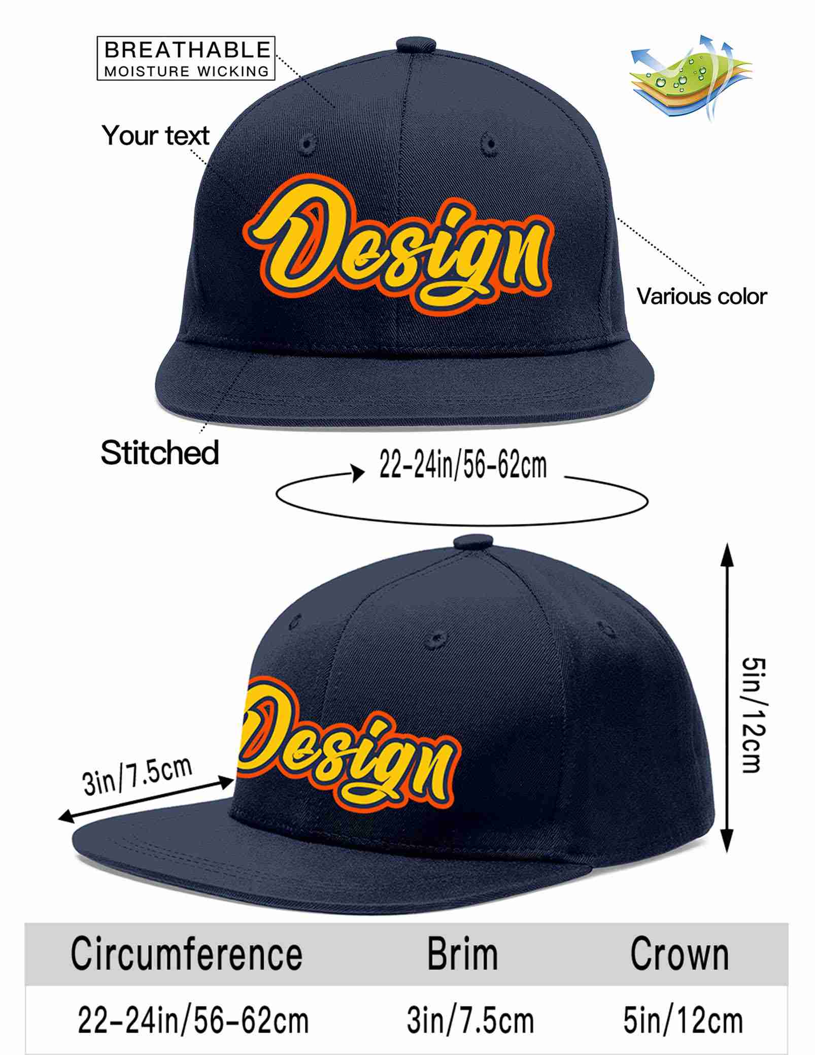 Custom Navy Gold-Navy Flat Eaves Sport Baseball Cap Design for Men/Women/Youth