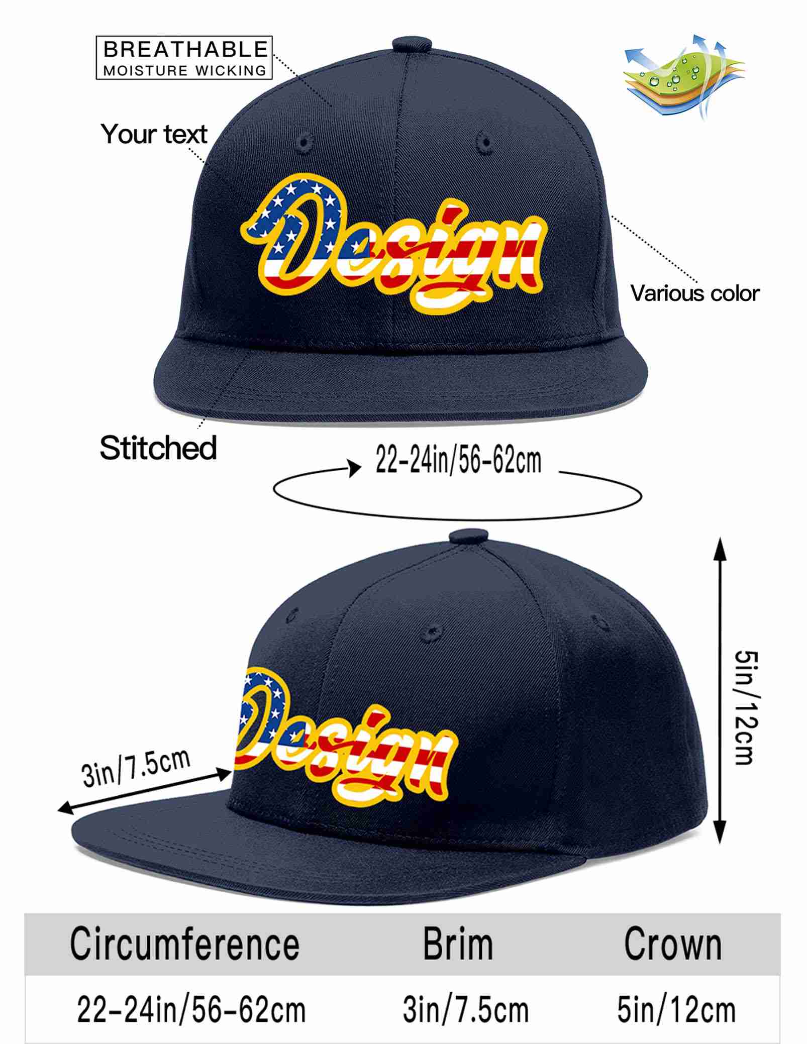 Custom Navy Vintage USA Flag-Gold Flat Eaves Sport Baseball Cap Design for Men/Women/Youth