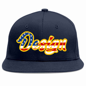 Custom Navy Vintage USA Flag-Gold Flat Eaves Sport Baseball Cap Design for Men/Women/Youth