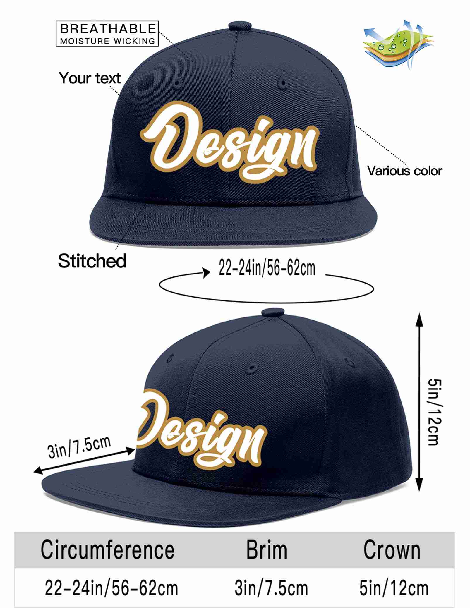 Custom Navy White-Old Gold Flat Eaves Sport Baseball Cap Design for Men/Women/Youth