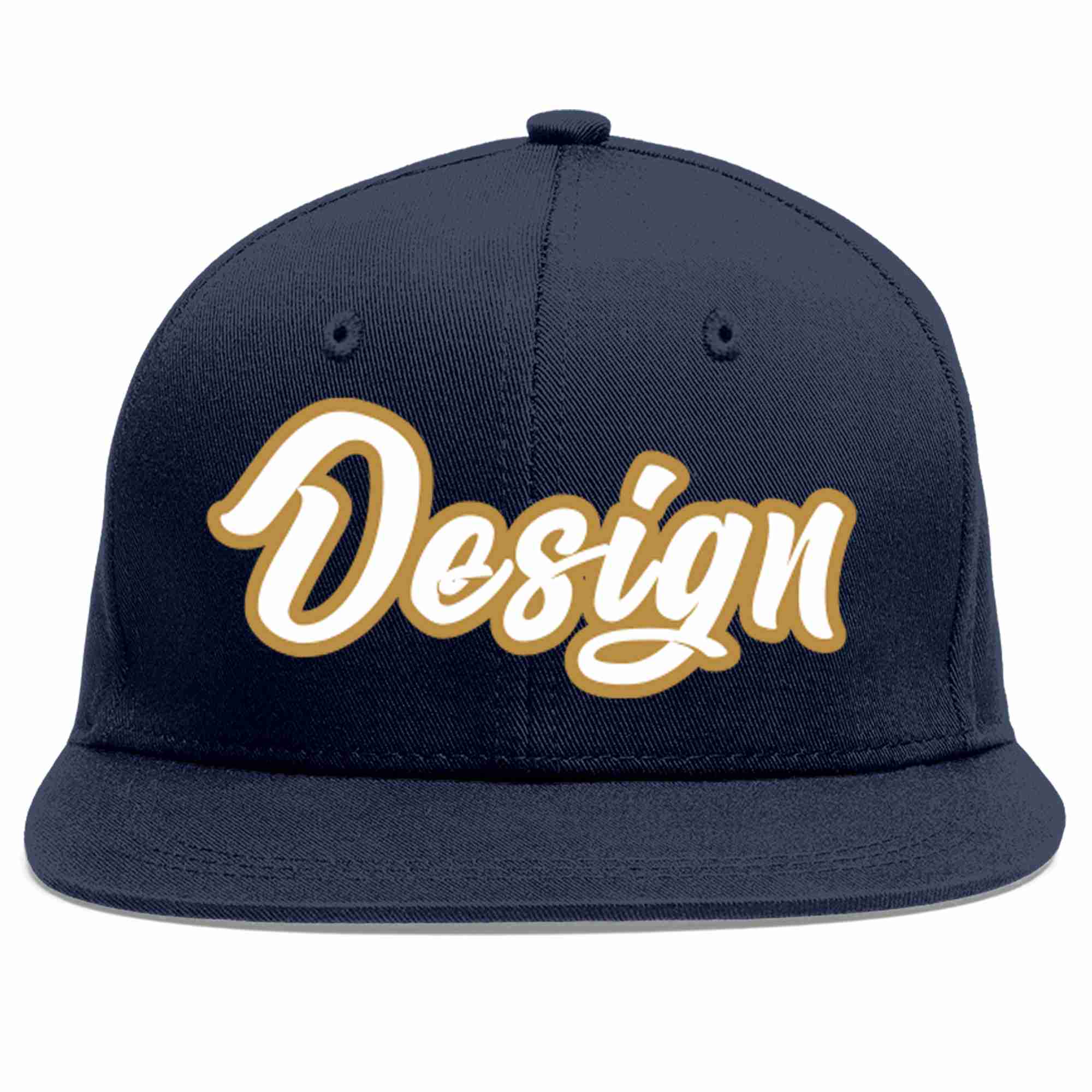 Custom Navy White-Old Gold Flat Eaves Sport Baseball Cap Design for Men/Women/Youth