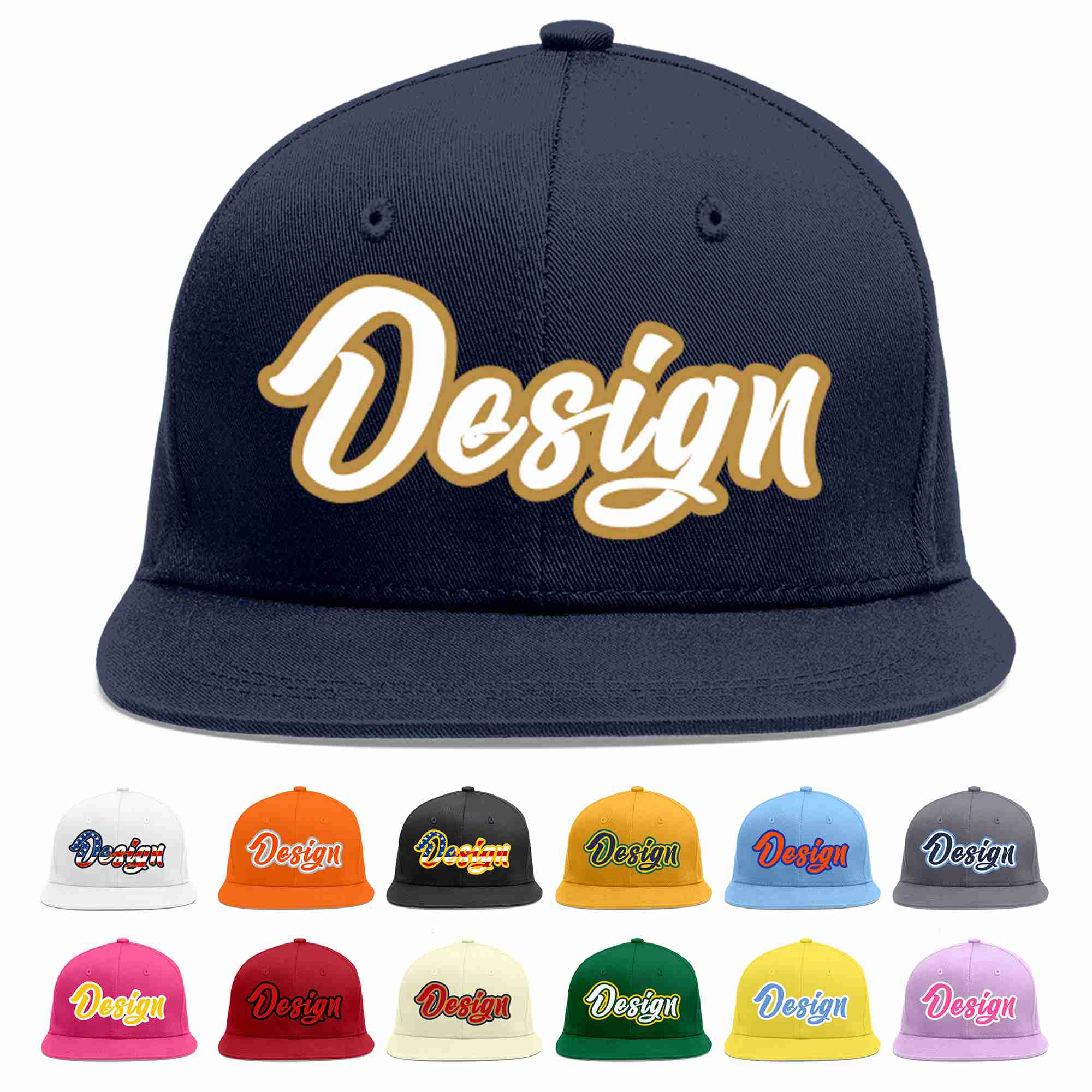 Custom Navy White-Old Gold Flat Eaves Sport Baseball Cap Design for Men/Women/Youth