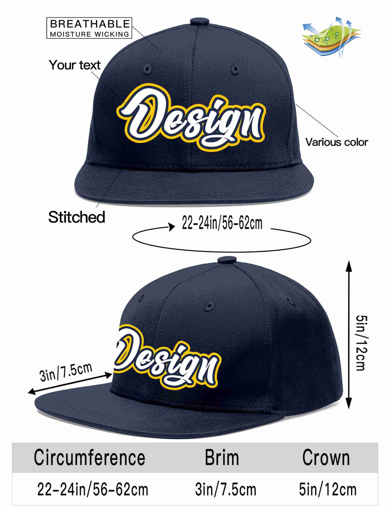 Custom Navy White-Navy Flat Eaves Sport Baseball Cap Design for Men/Women/Youth