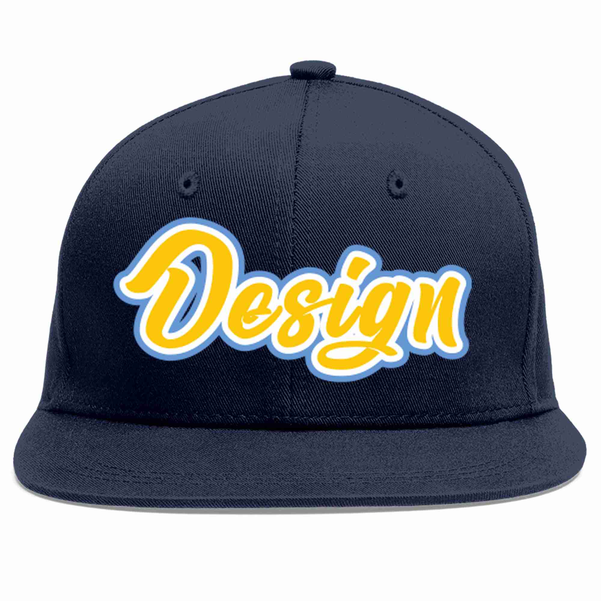 Conception personnalisée de casquette de baseball de sport à avant-toit plat bleu marine or-blanc pour hommes/femmes/jeunes