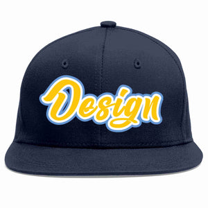 Custom Navy Gold-White Flat Eaves Sport Baseball Cap Design for Men/Women/Youth