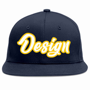 Custom Navy White-Gold Flat Eaves Sport Baseball Cap Design for Men/Women/Youth