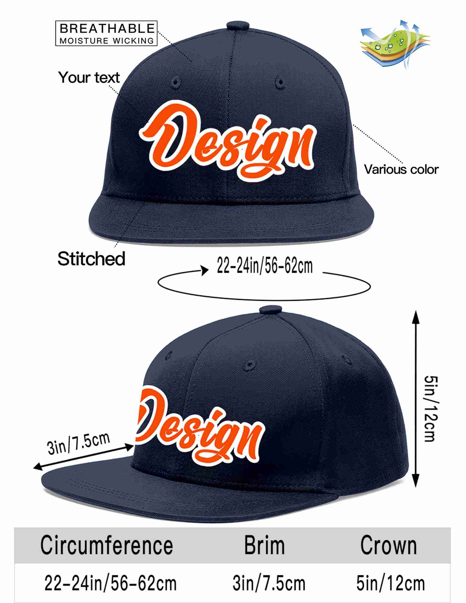 Conception personnalisée de casquette de baseball de sport à avant-toit plat orange-blanc marine pour hommes/femmes/jeunes