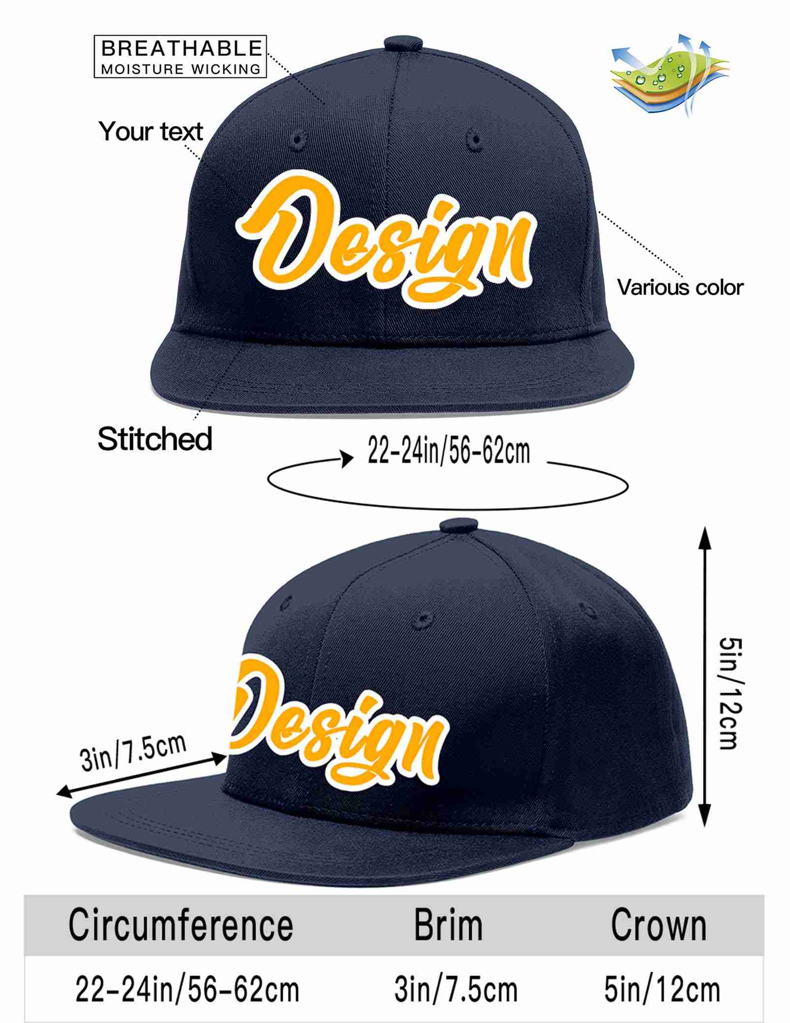 Custom Navy Yellow-White Flat Eaves Sport Baseball Cap Design for Men/Women/Youth