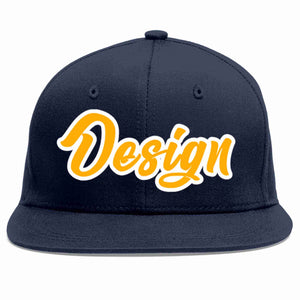 Custom Navy Yellow-White Flat Eaves Sport Baseball Cap Design for Men/Women/Youth