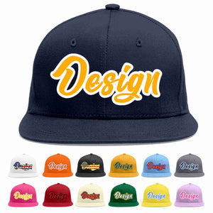 Custom Navy Yellow-White Flat Eaves Sport Baseball Cap Design for Men/Women/Youth