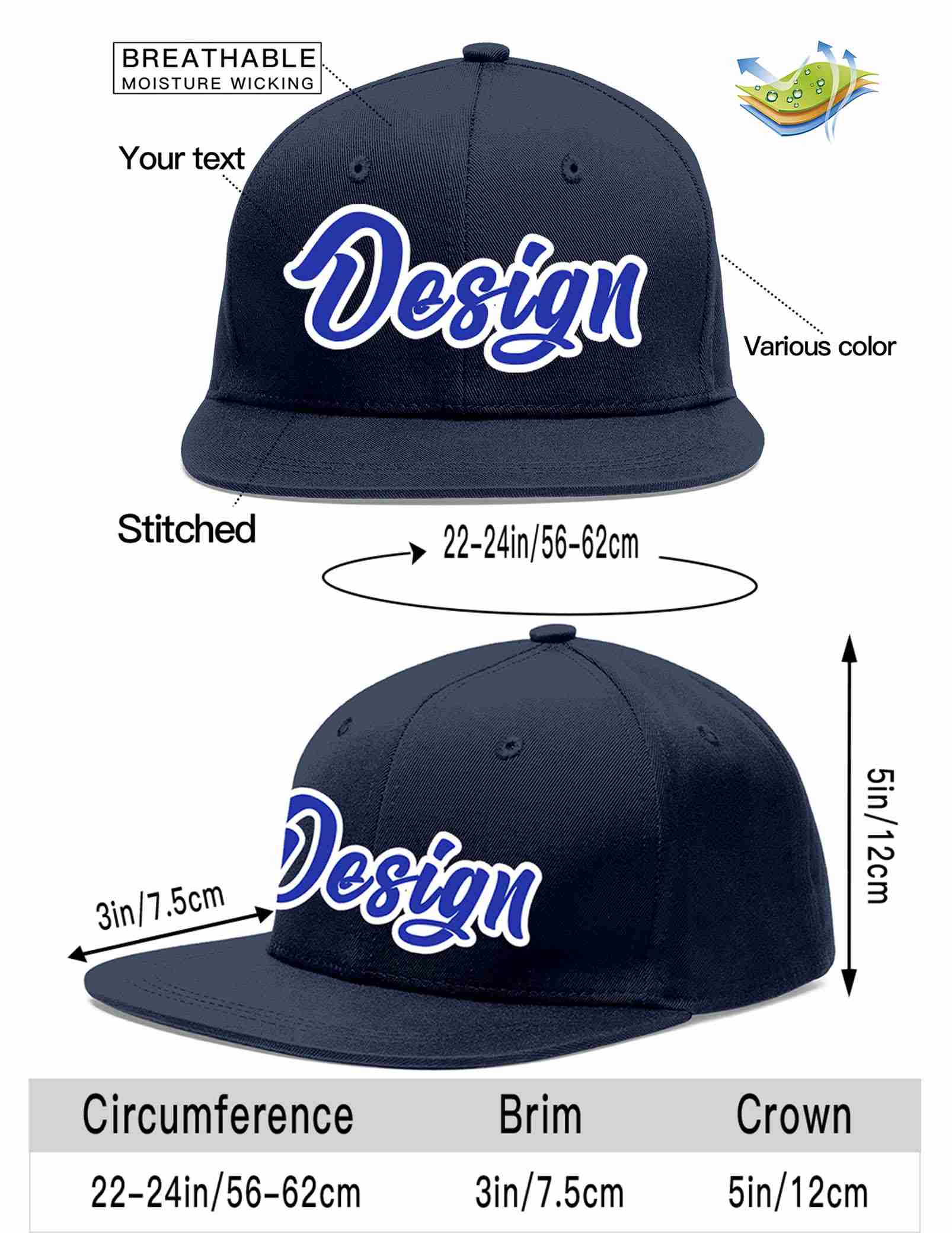 Custom Navy Royal-White Flat Eaves Sport Baseball Cap Design for Men/Women/Youth