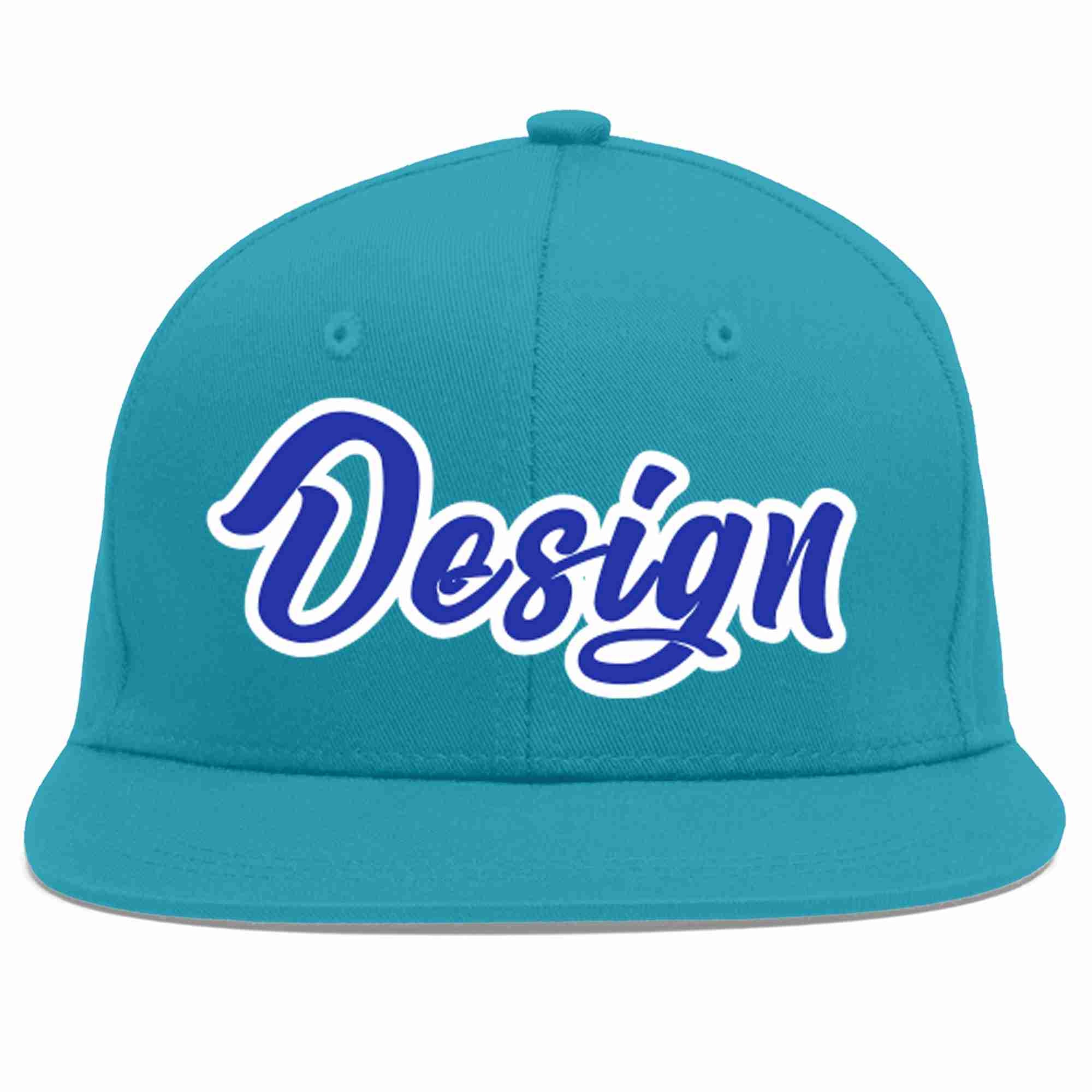 Custom Aqua Royal-White Flat Eaves Sport Baseball Cap Design for Men/Women/Youth