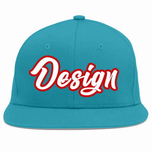 Custom Aqua White-Red Flat Eaves Sport Baseball Cap Design for Men/Women/Youth