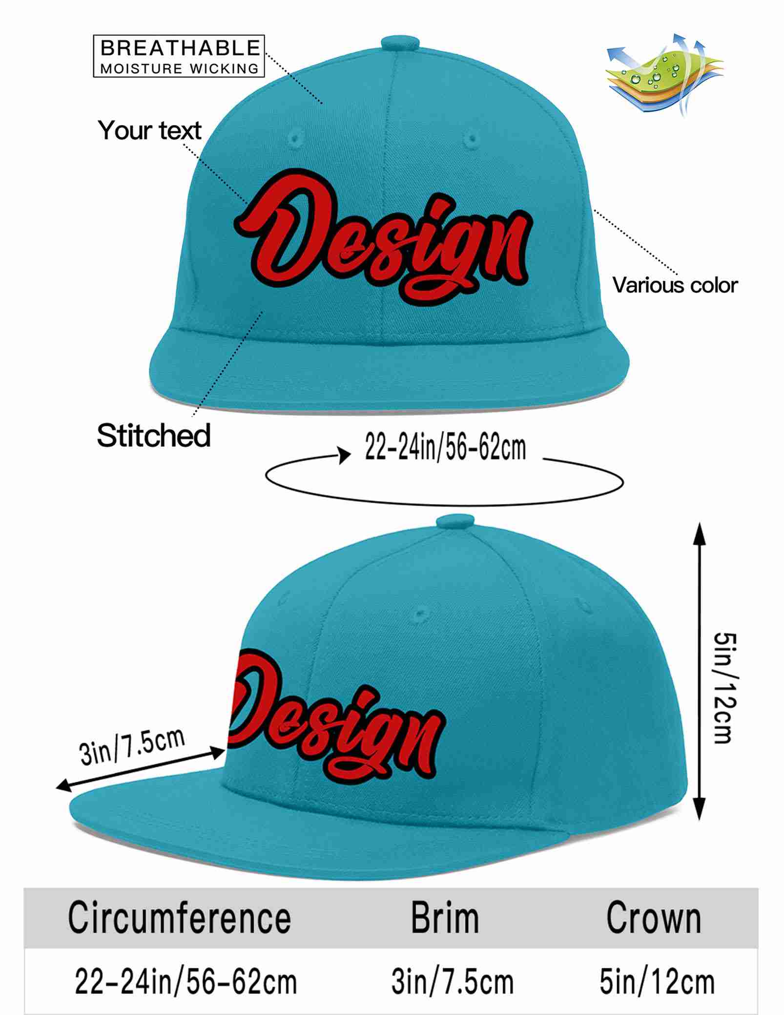 Custom Aqua Red-Black Flat Eaves Sport Baseball Cap Design for Men/Women/Youth