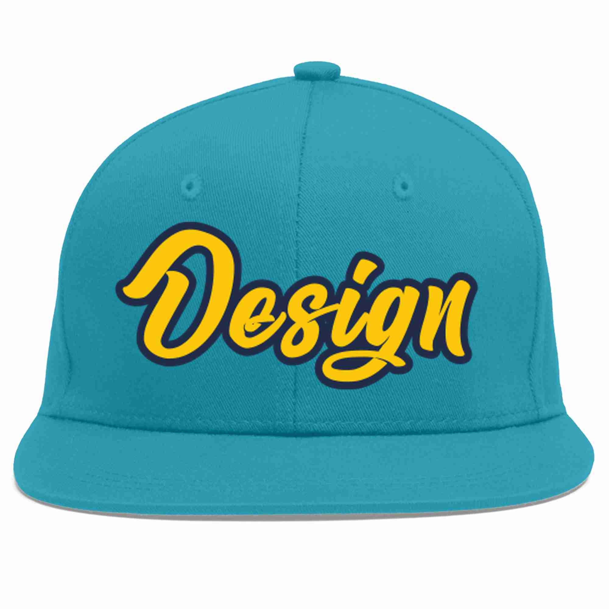 Casquette de baseball personnalisée Aqua Gold-Navy Flat Eaves Sport pour hommes/femmes/jeunes