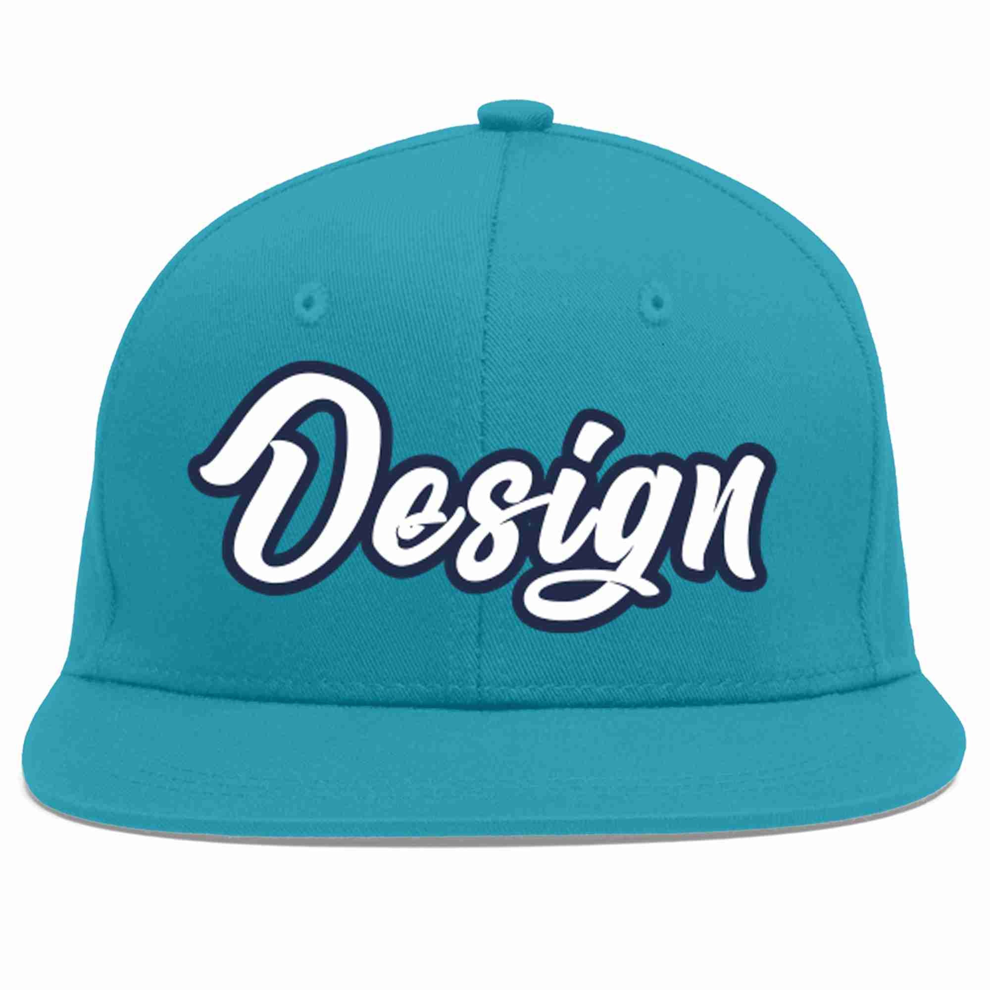 Casquette de baseball personnalisée Aqua White-Navy Flat Eaves Sport pour hommes/femmes/jeunes