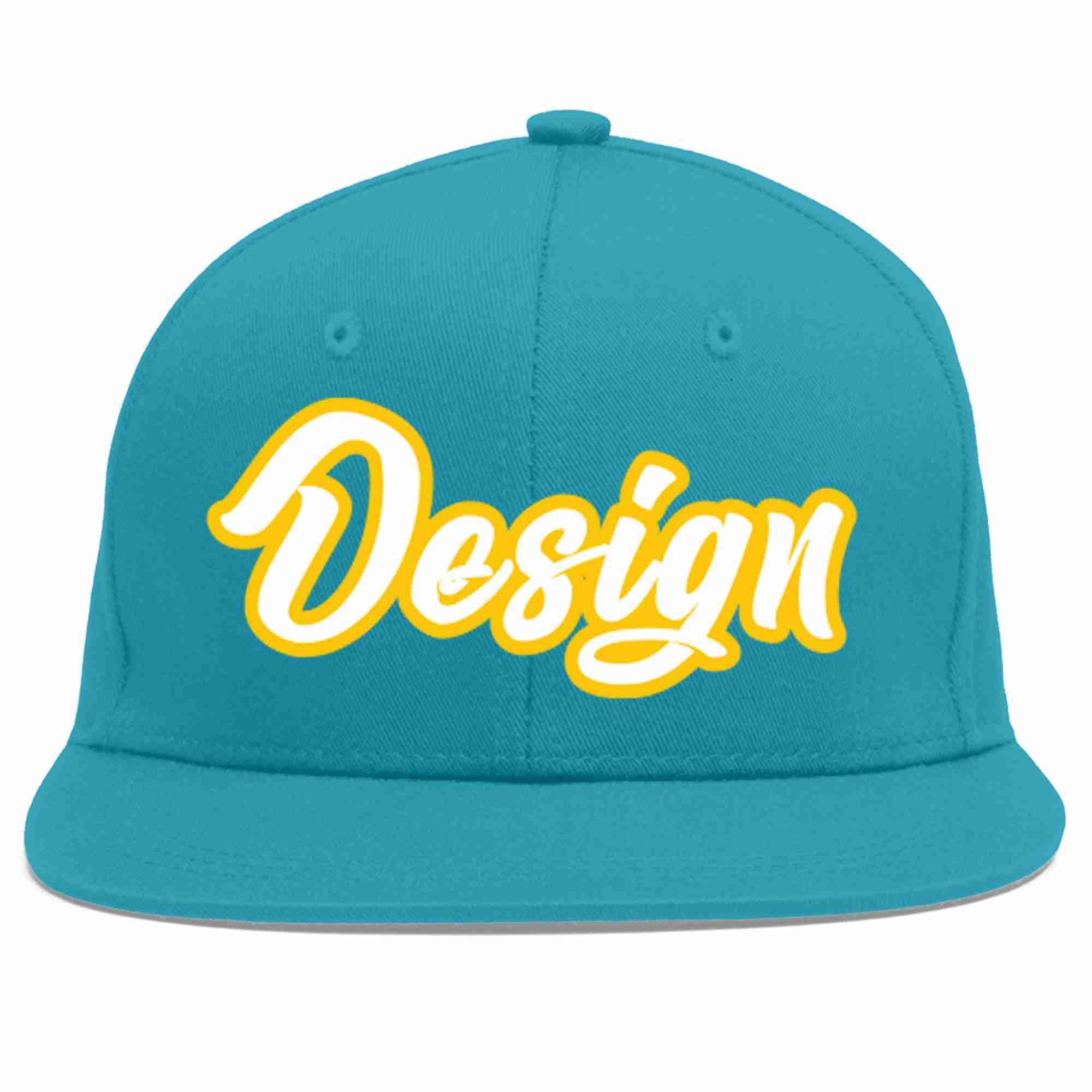 Custom Aqua White-Gold Flat Eaves Sport Baseball Cap Design for Men/Women/Youth