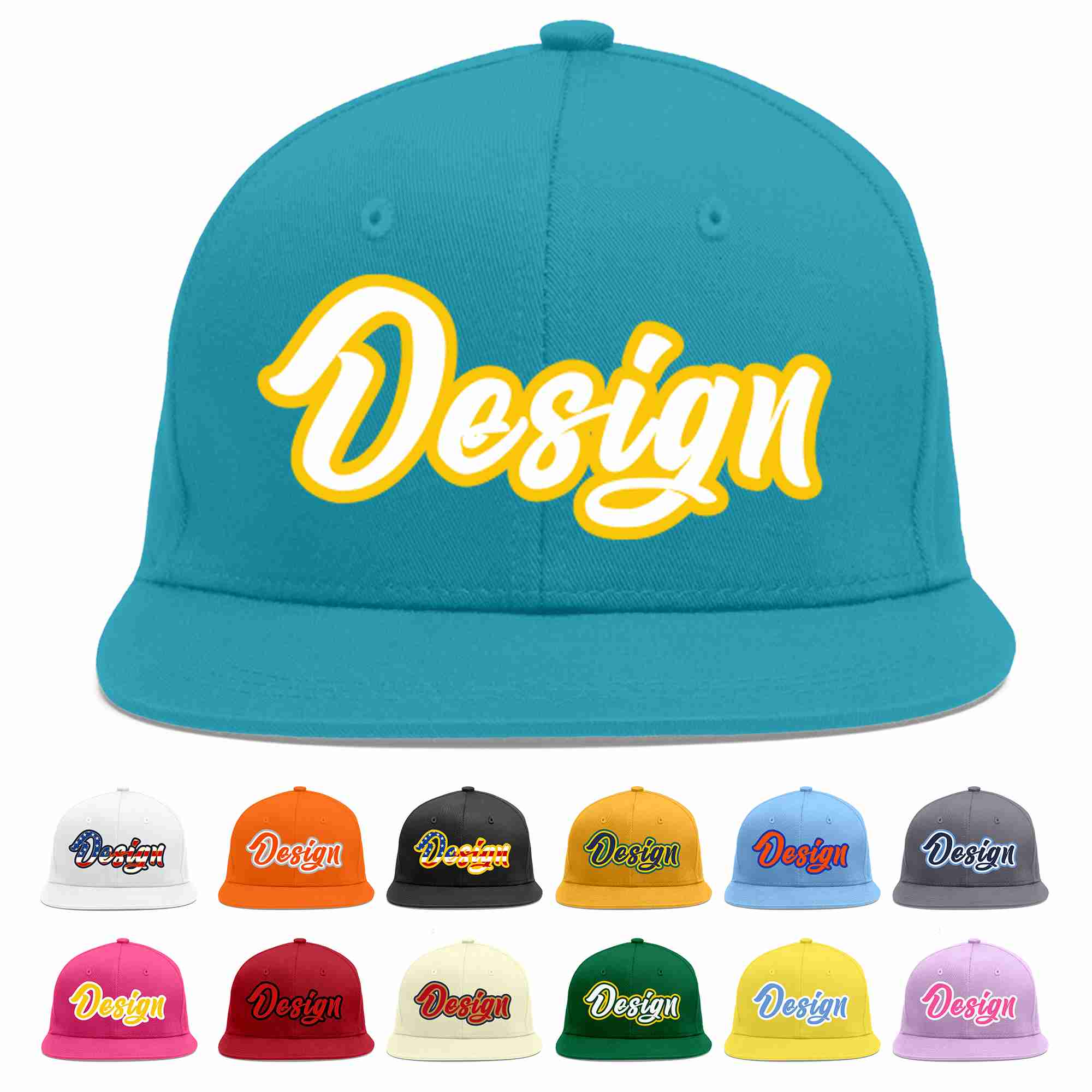 Custom Aqua White-Gold Flat Eaves Sport Baseball Cap Design for Men/Women/Youth