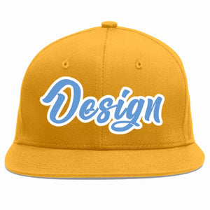 Custom Gold Light Blue-White Flat Eaves Sport Baseball Cap Design for Men/Women/Youth