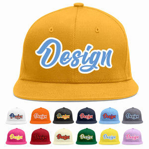 Custom Gold Light Blue-White Flat Eaves Sport Baseball Cap Design for Men/Women/Youth