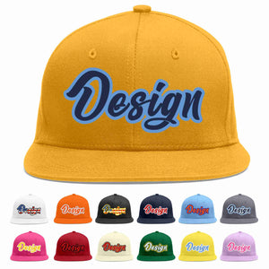 Custom Gold Navy-Light Blue Flat Eaves Sport Baseball Cap Design for Men/Women/Youth