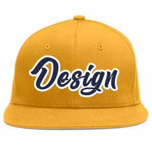 Conception personnalisée de casquette de baseball de sport à avant-toit plat bleu marine-blanc doré pour hommes/femmes/jeunes