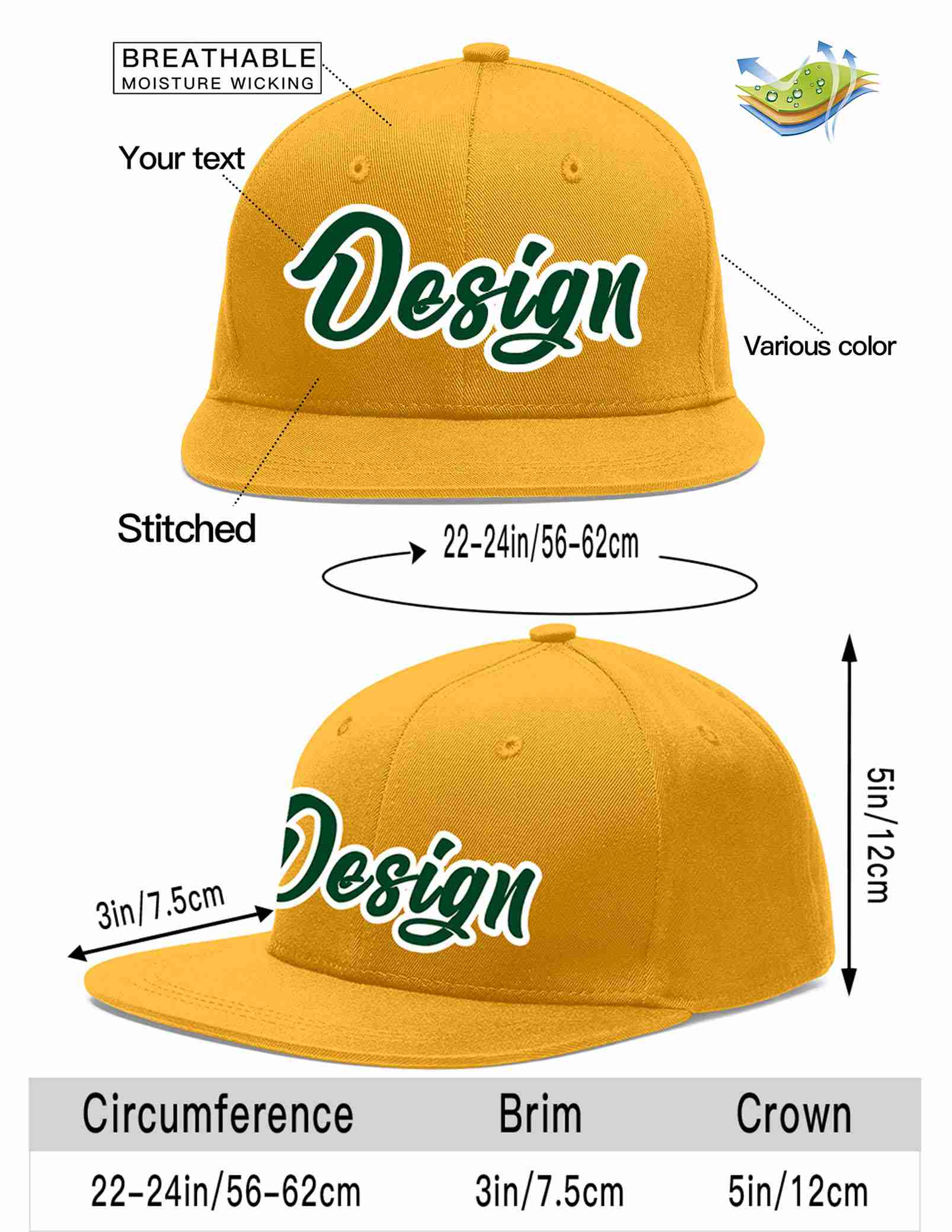 Custom Gold Green-White Flat Eaves Sport Baseball Cap Design for Men/Women/Youth