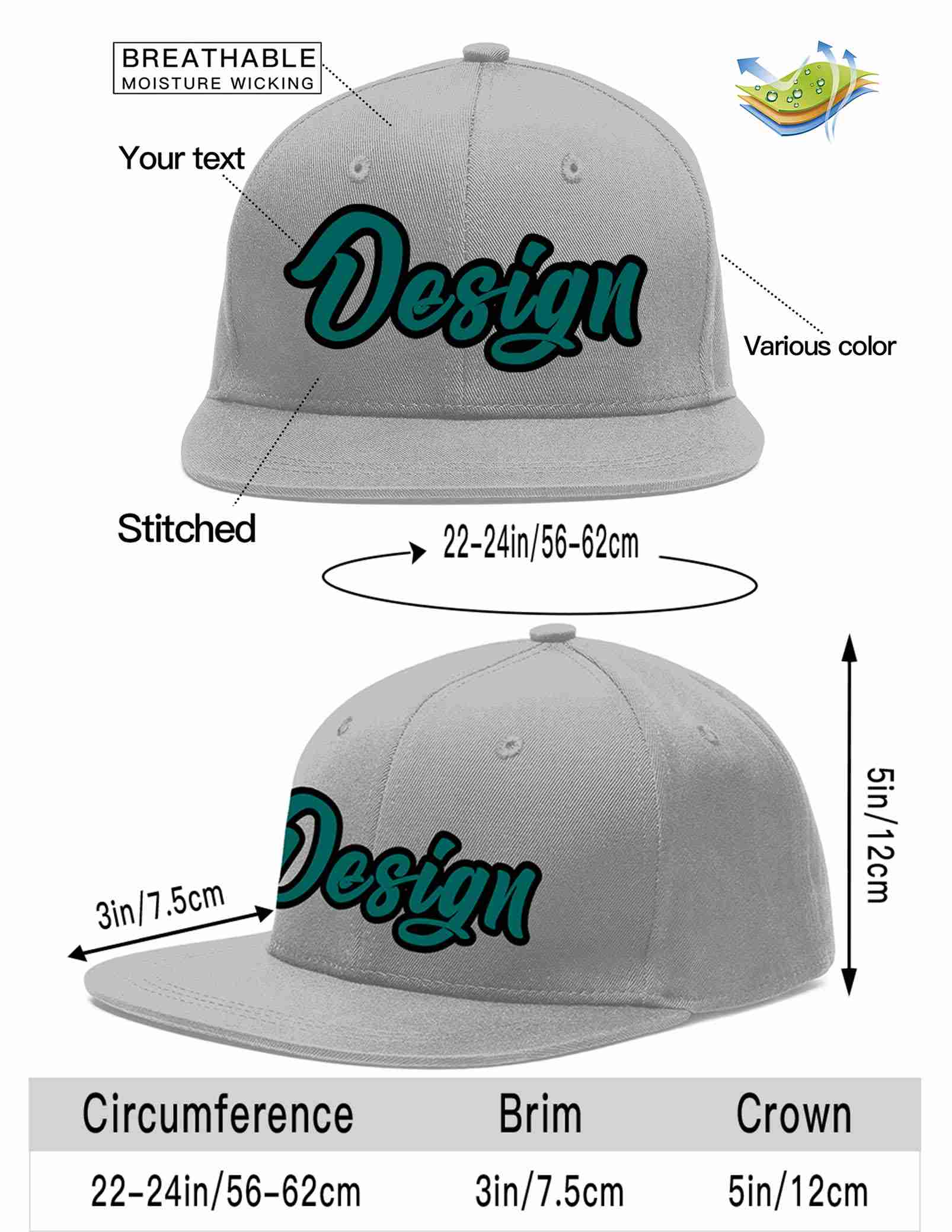 Custom Gray Aqua-Black Flat Eaves Sport Baseball Cap Design for Men/Women/Youth