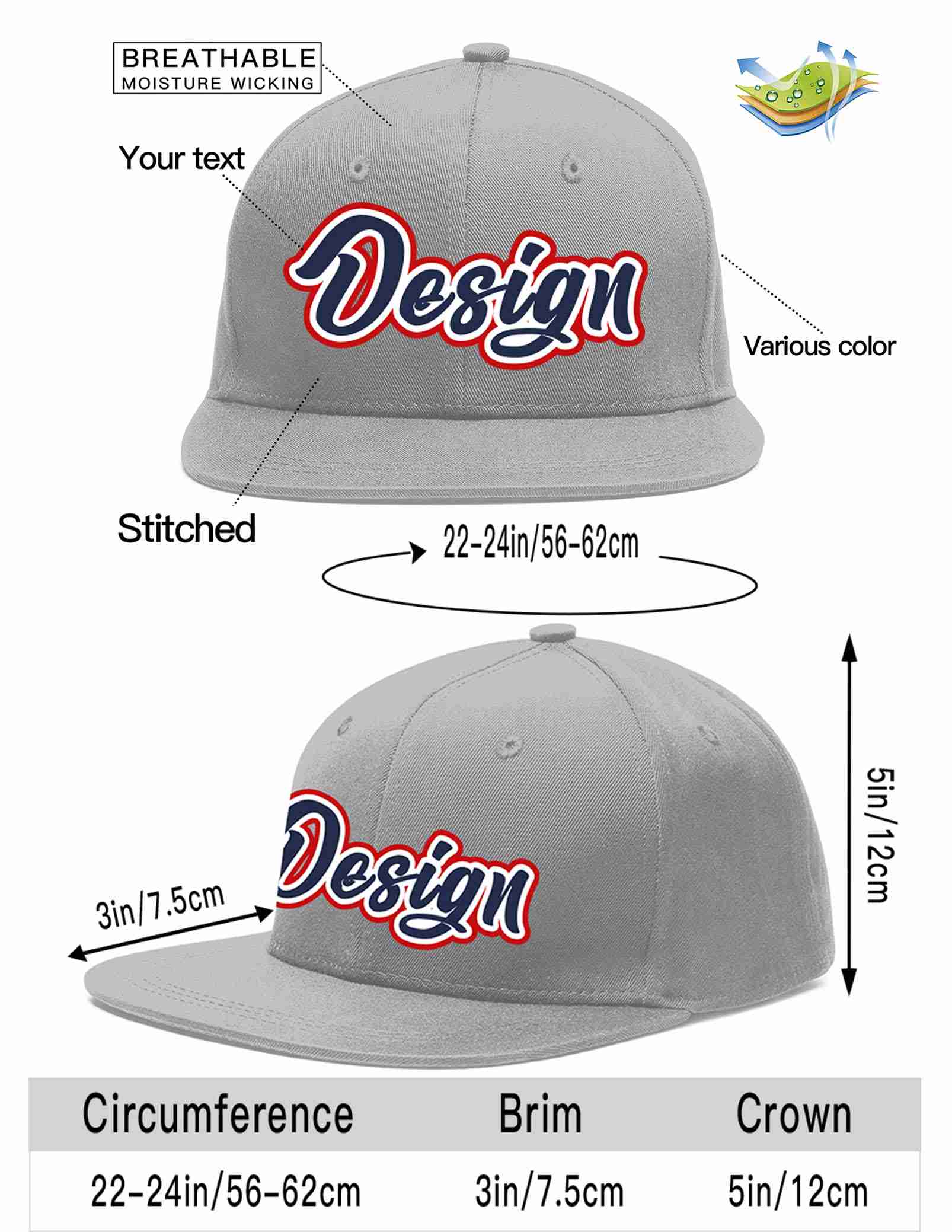 Custom Gray Navy-White Flat Eaves Sport Baseball Cap Design for Men/Women/Youth