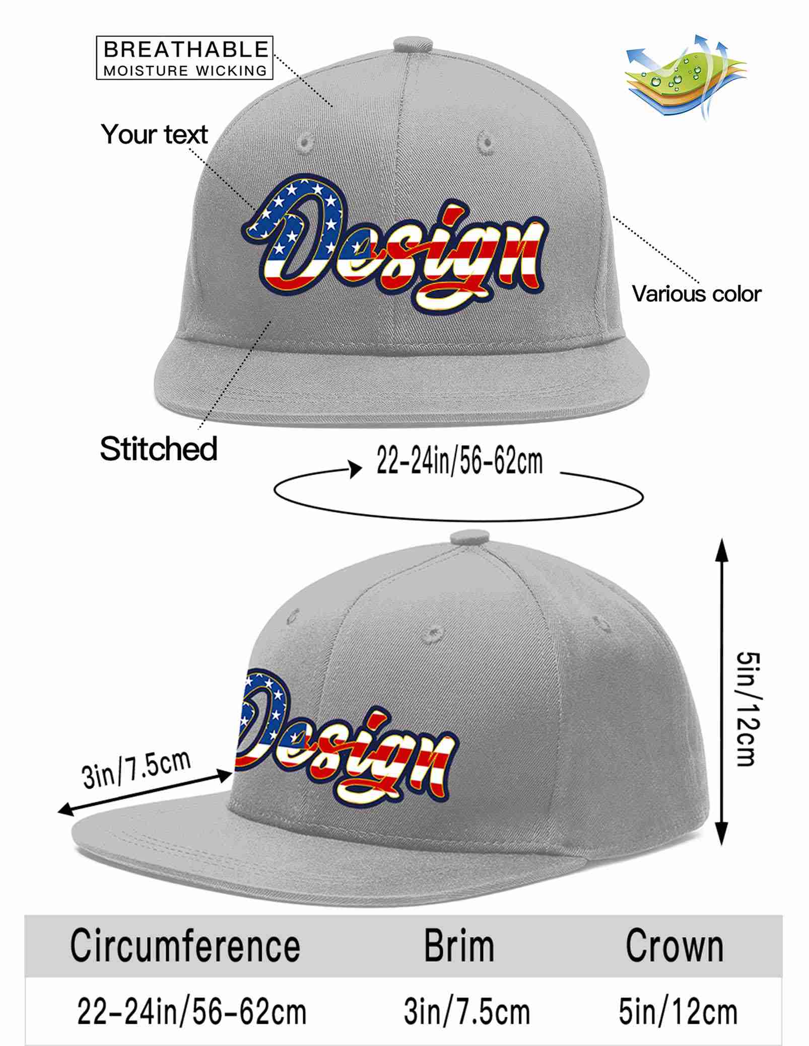 Custom Gray Vintage USA Flag-Gold Flat Eaves Sport Baseball Cap Design for Men/Women/Youth