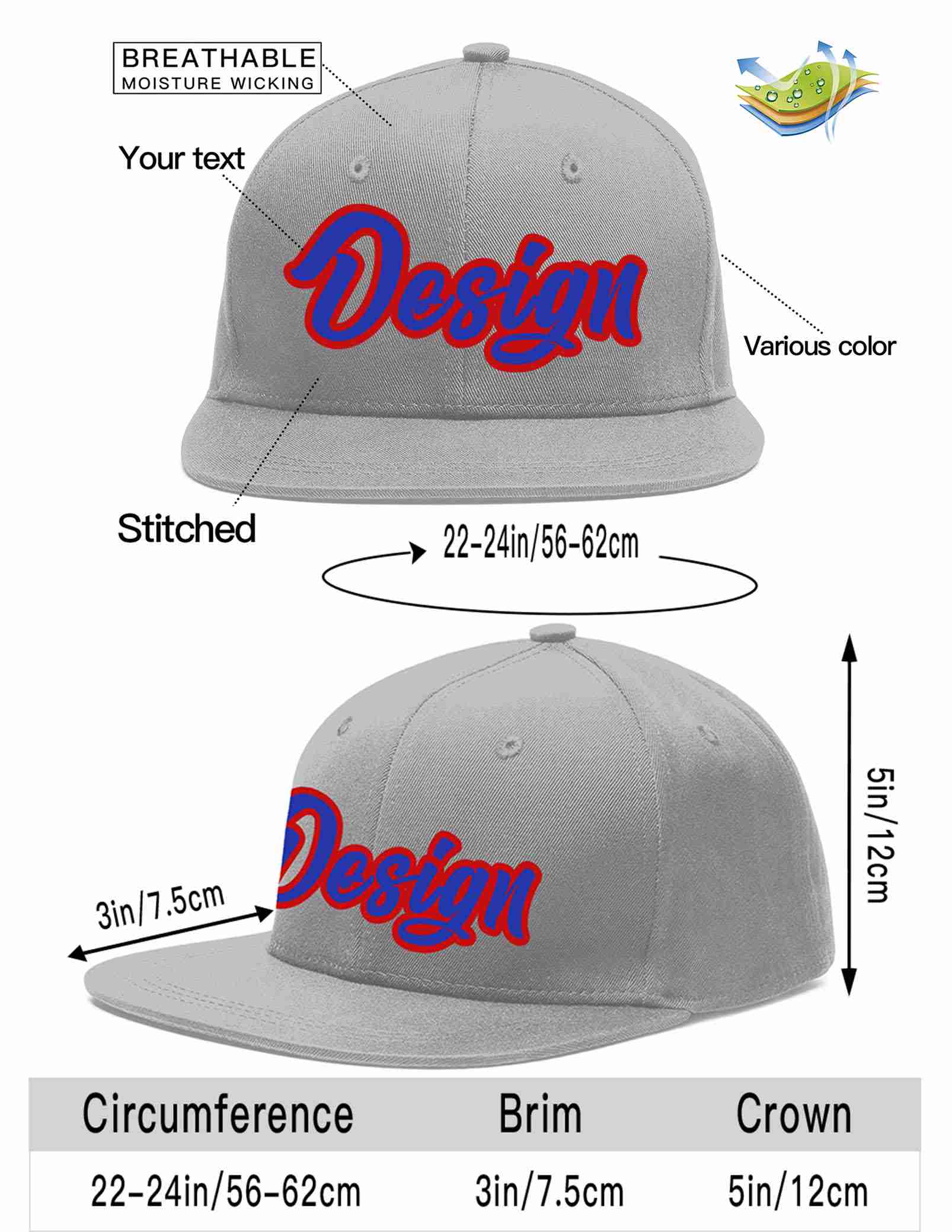 Custom Gray Royal-Red Flat Eaves Sport Baseball Cap Design for Men/Women/Youth